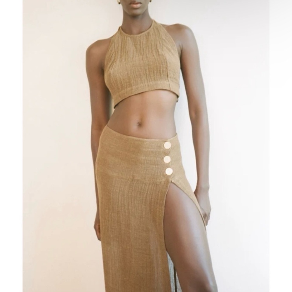 Le Kasha Haifa Organic Linen Gold Coin Button Wrap Maxi Skirt in Beige, Size L